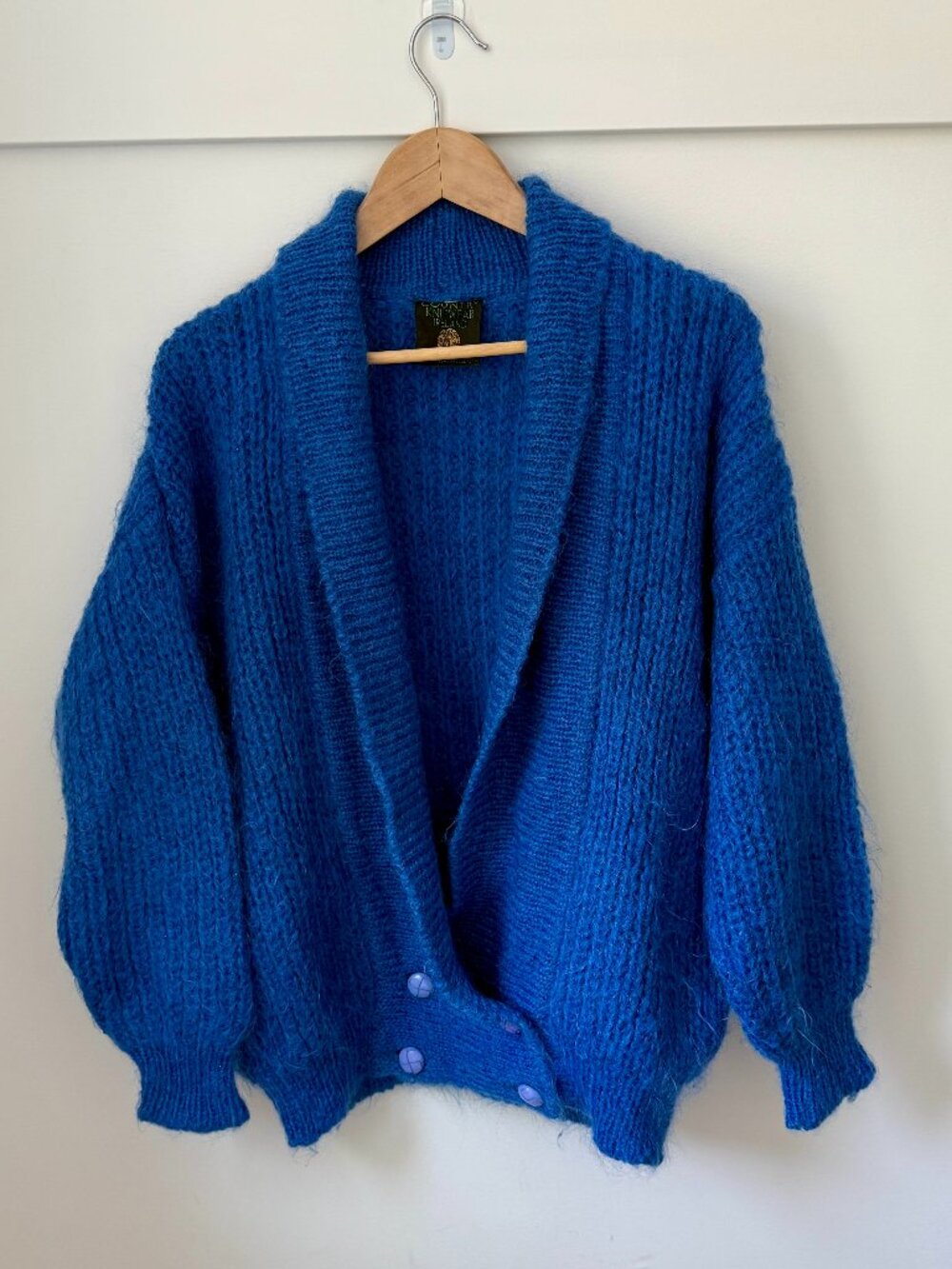 Vintage Electric Blue Hand-Knit Mohair Blend Chunky Cardigan – EU 40